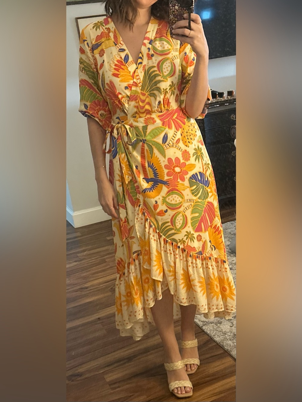 Farm Rio Long-Sleeve V-Neck Wrap Midi Dress